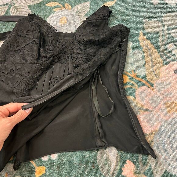 Vintage Anne Klein Top Blouse XS Black Silk y2k 90s Lace Trim Cami Asymmetrical - Picture 7 of 12